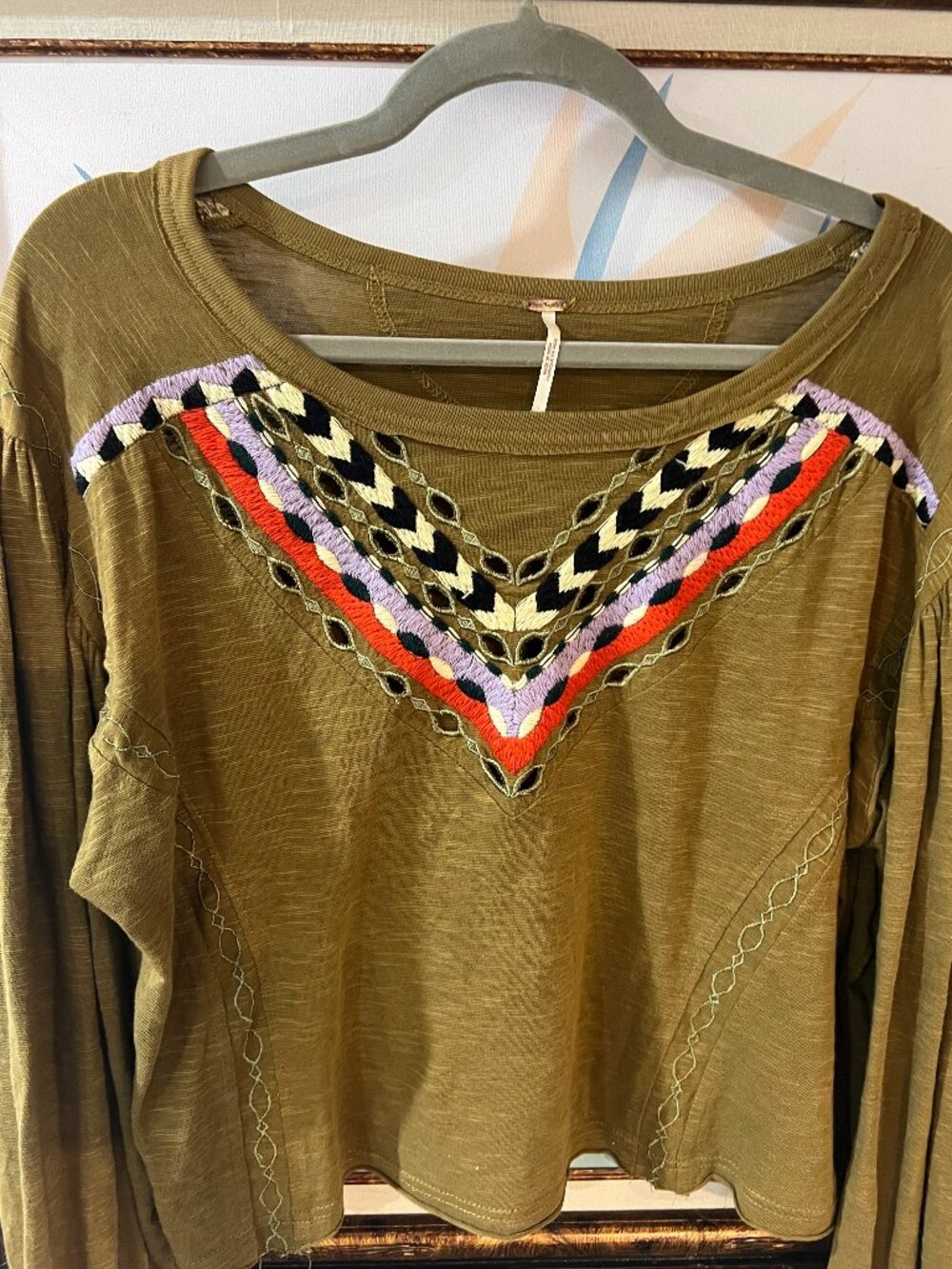 Free People Women’s Medium Olive Embroidered Boho Balloon Sleeve Top
